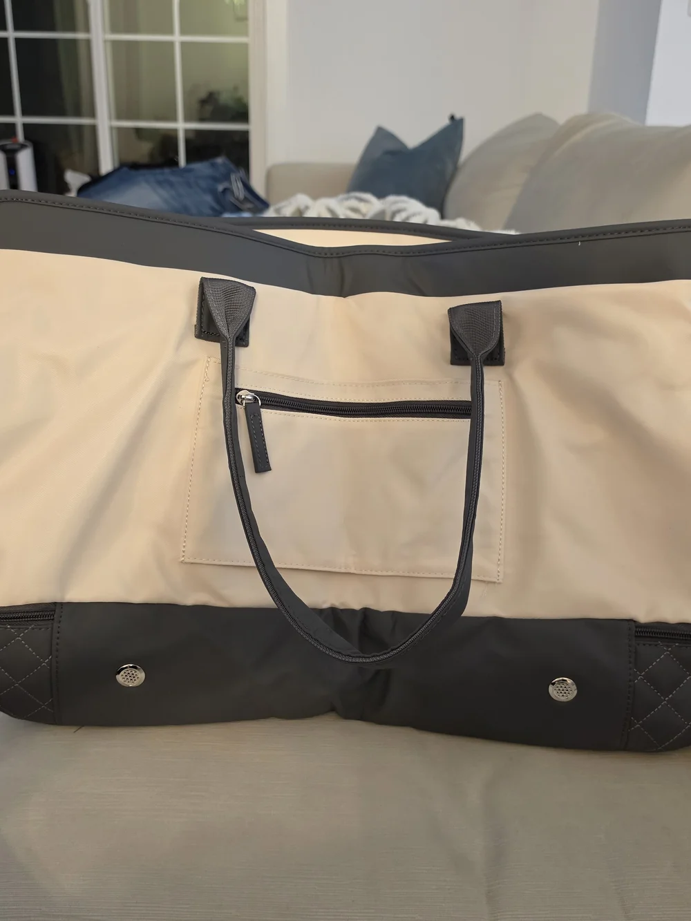 Two-Tone Beige and Black Travel Tote Bag